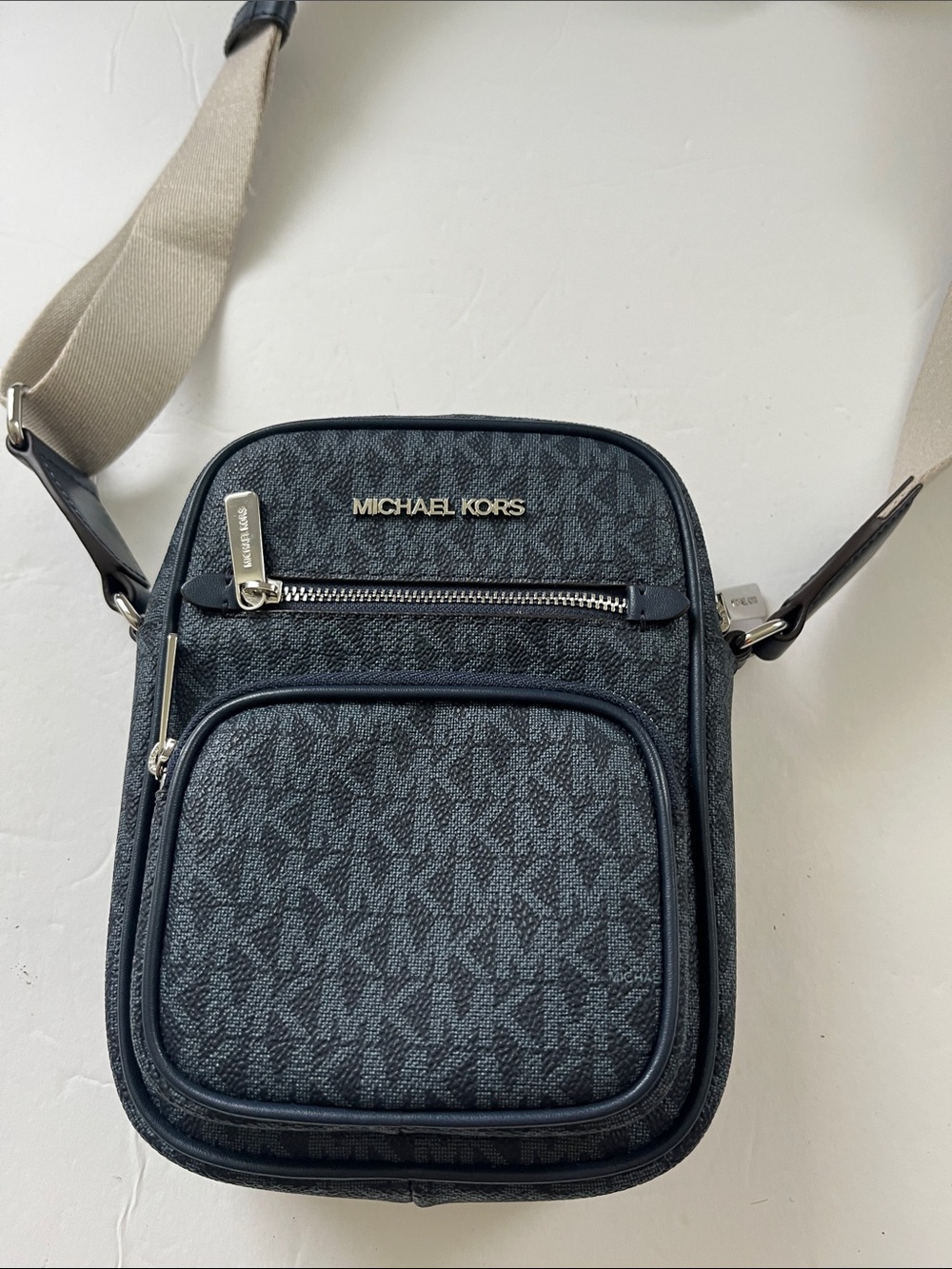 Michael Kors Navy and Tan Logo Crossbody Belt Bag